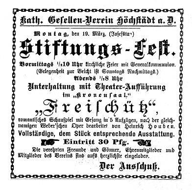 Theateranzeige aus der Höchstädter Zeitung vom 19.03.1906